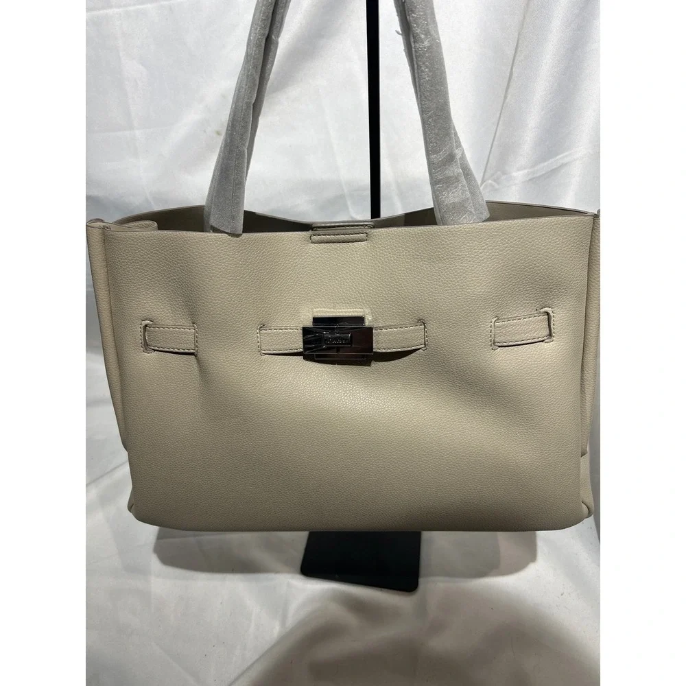 DKNY Beige Pebbled Leather Tote Bag Silver Hardware NWT